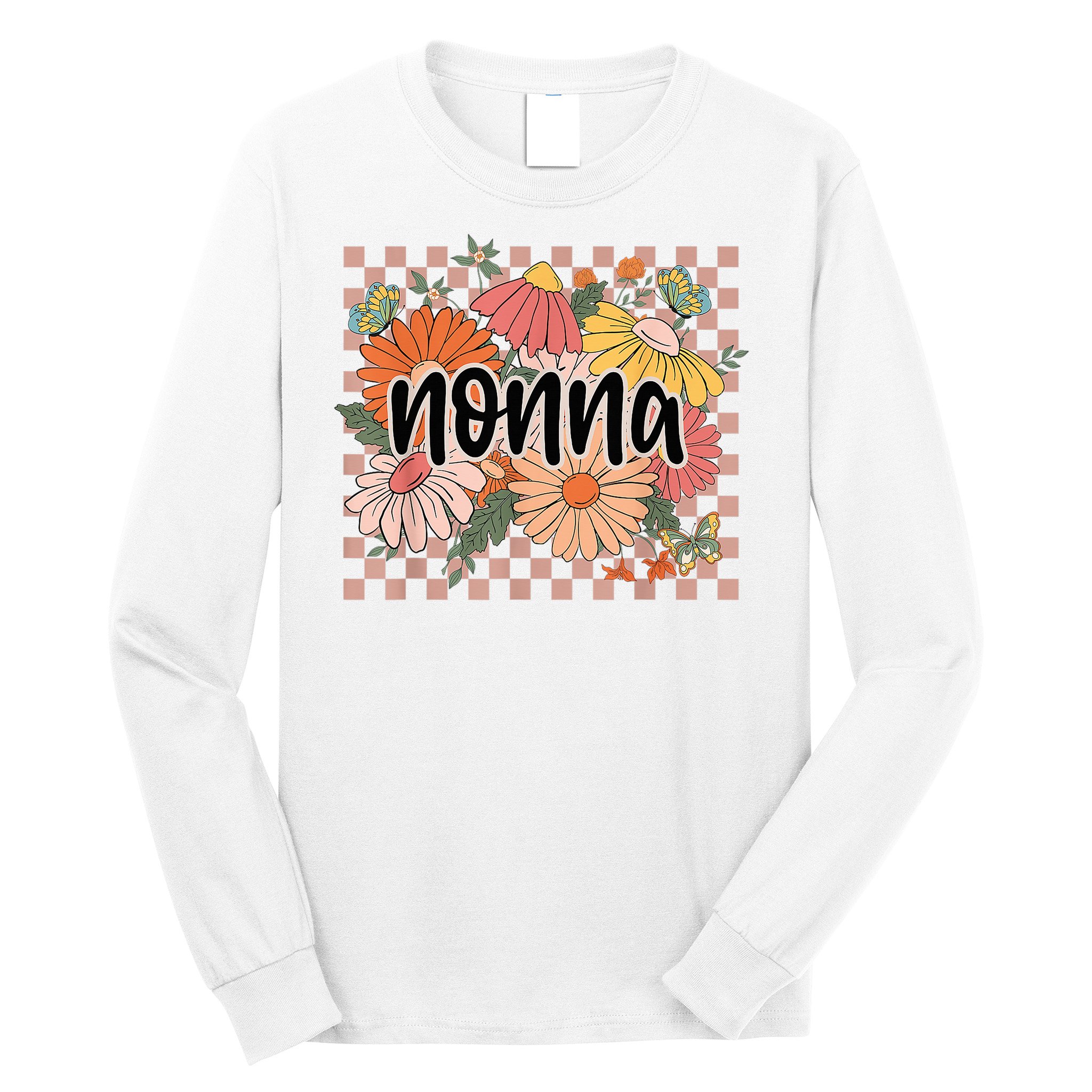 Nonna Floral Mother'S Day Wildflower Girl Checkered Long Sleeve Shirt