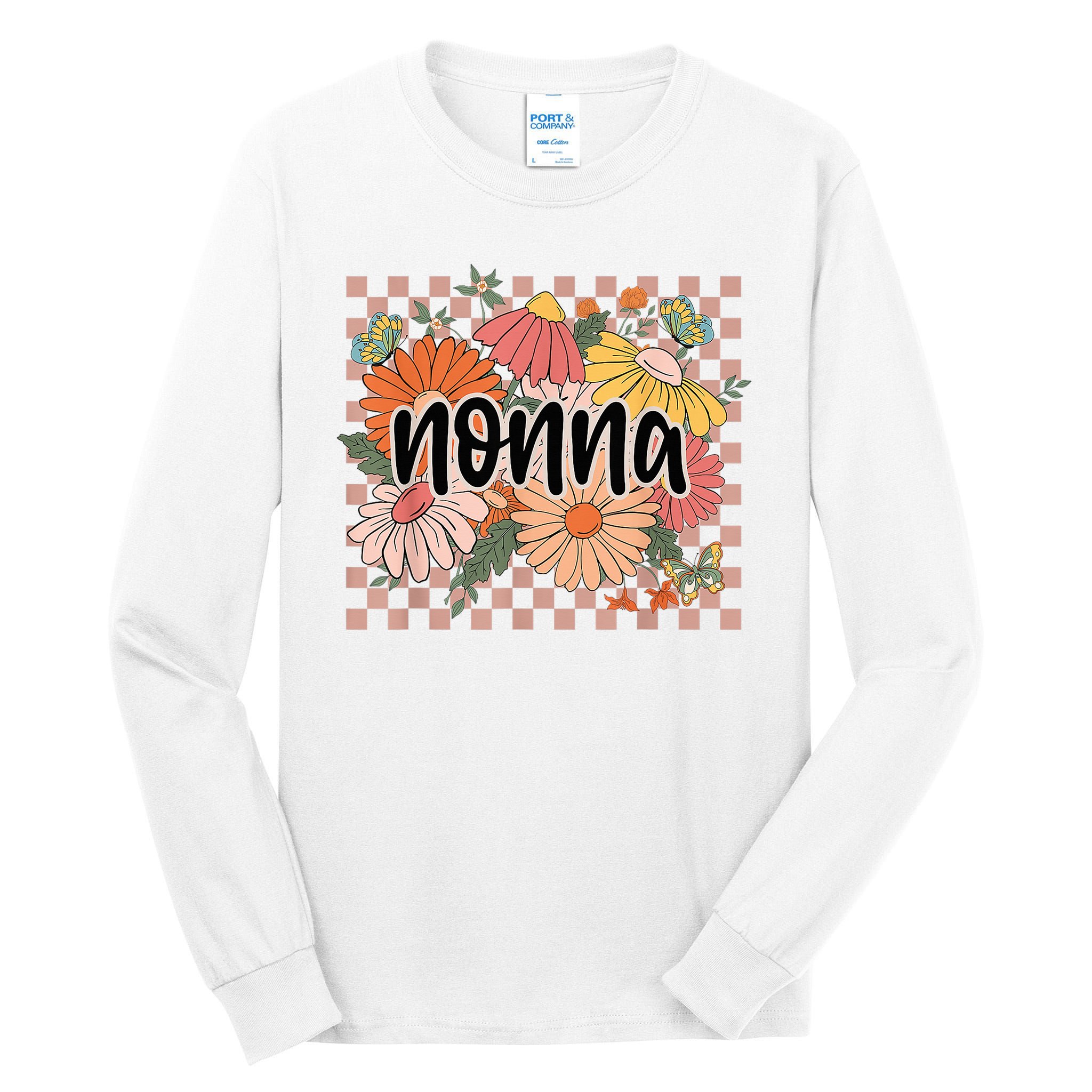 Nonna Floral Mother'S Day Wildflower Girl Checkered Tall Long Sleeve T-Shirt