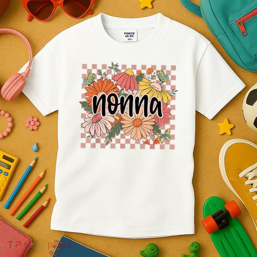 Nonna Floral Mother'S Day Wildflower Girl Checkered Kids T-Shirt
