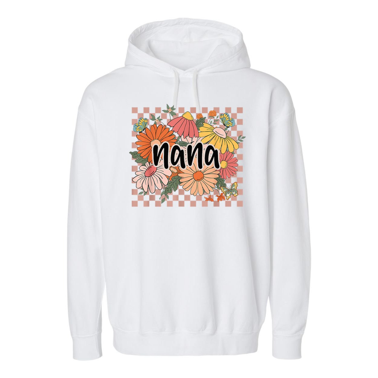 Nana Floral Mother'S Day Wildflower Girl Checkered Garment-Dyed Fleece Hoodie