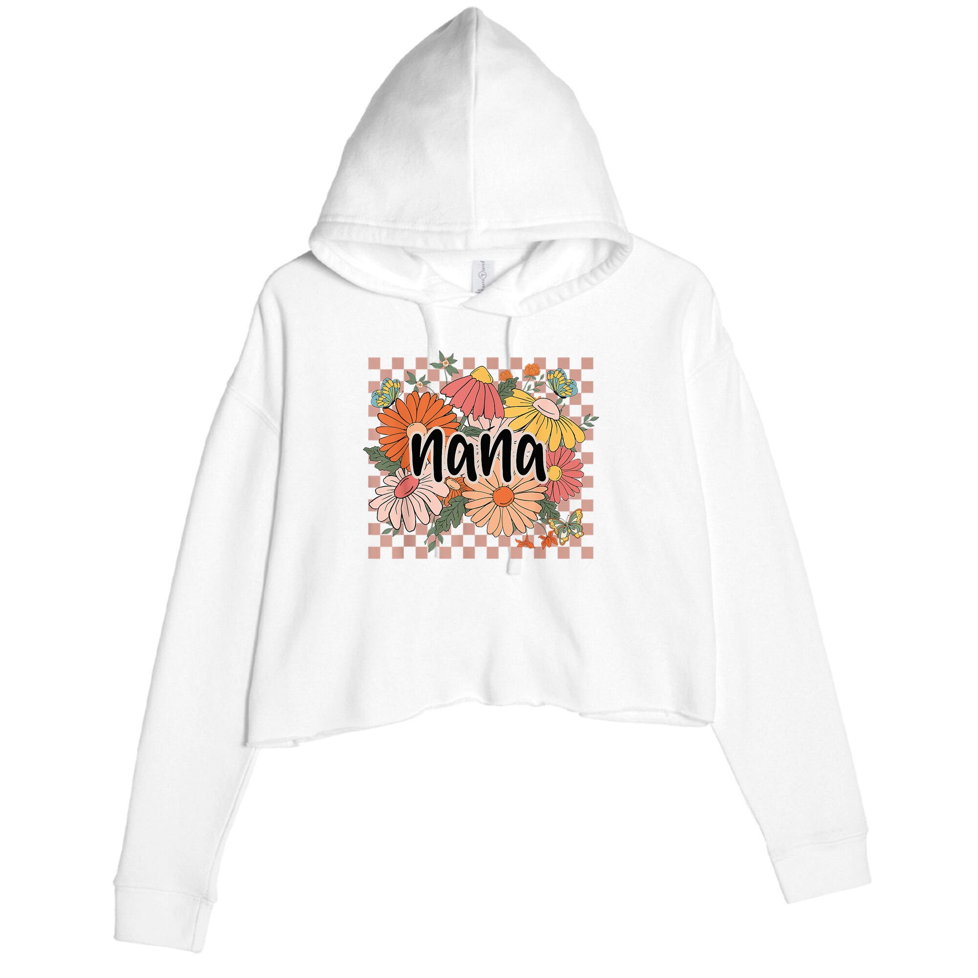 Nana Floral Mother'S Day Wildflower Girl Checkered Crop Fleece Hoodie