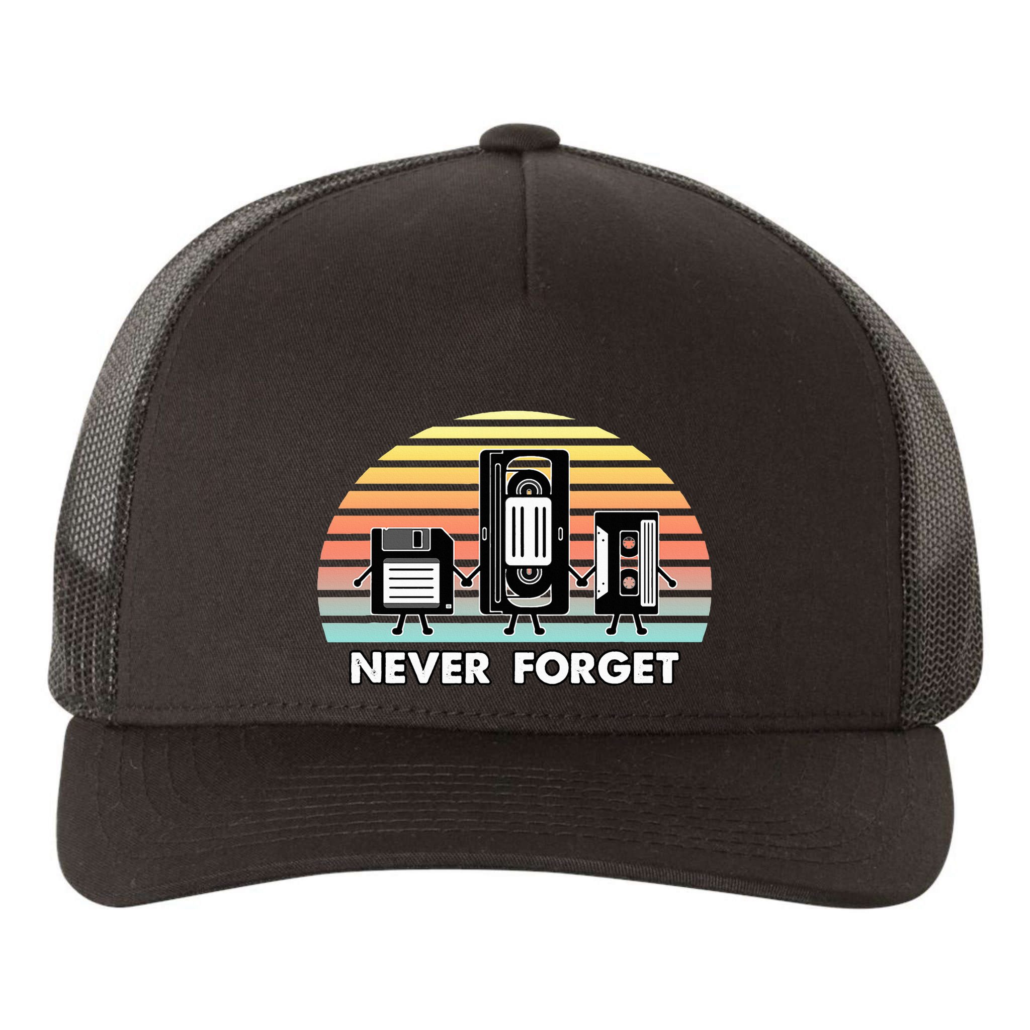Never Forget Media Floppy Disk Vhs Casette Audio Tape Yupoong Adult 5-Panel Trucker Hat