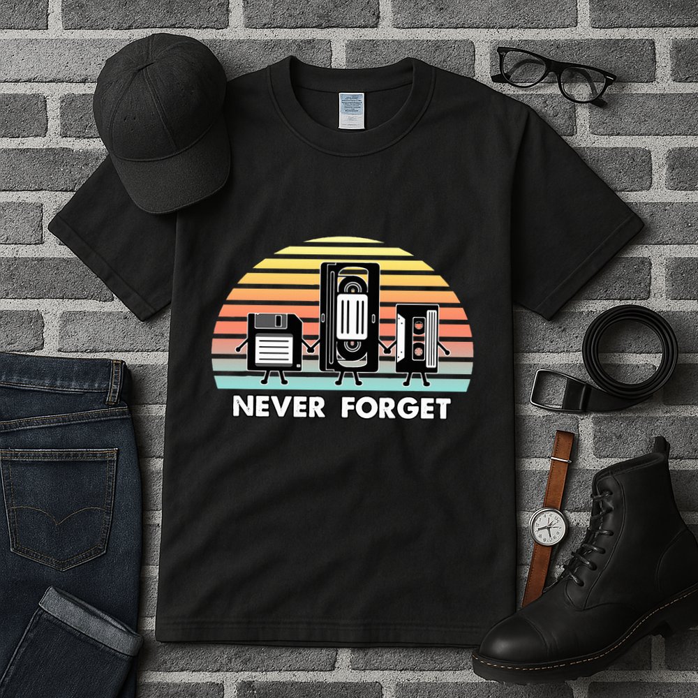 Never Forget Media Floppy Disk Vhs Casette Audio Tape Tall T-Shirt
