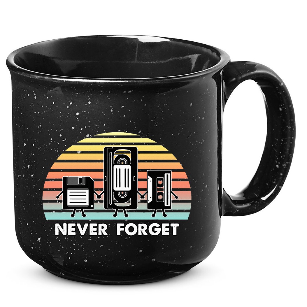 Never Forget Media Floppy Disk Vhs Casette Audio Tape 15oz Campfire Ceramic Mug