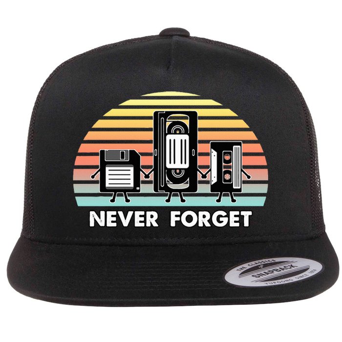 Never Forget Media Floppy Disk Vhs Casette Audio Tape Flat Bill Trucker Hat