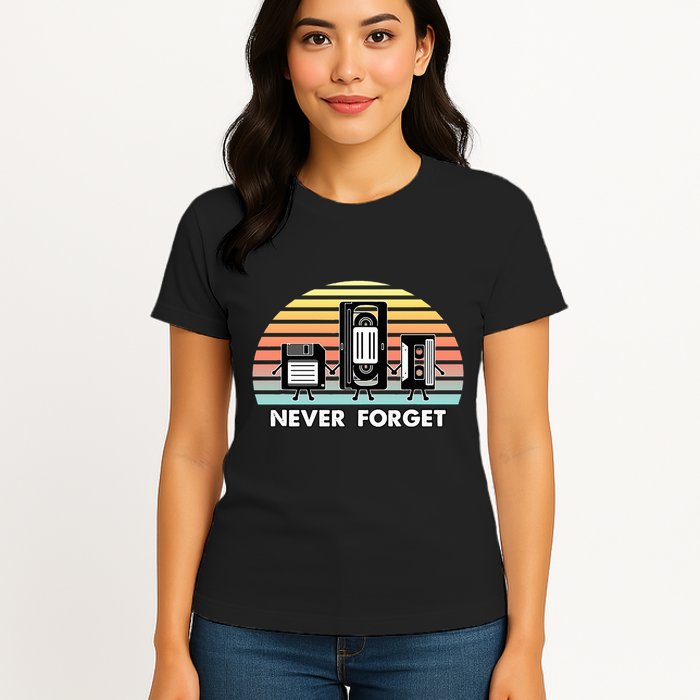 Never Forget Media Floppy Disk Vhs Casette Audio Tape Womens T-Shirt