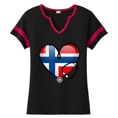 Norway Flag Norwegian Nurse Stethoscope Heart Ladies Halftime Notch Neck Tee