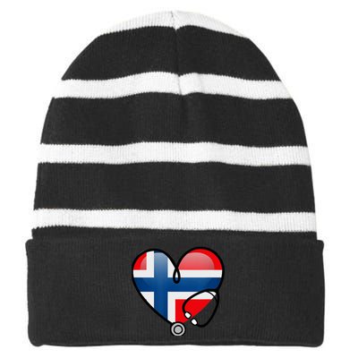 Norway Flag Norwegian Nurse Stethoscope Heart Striped Beanie with Solid Band