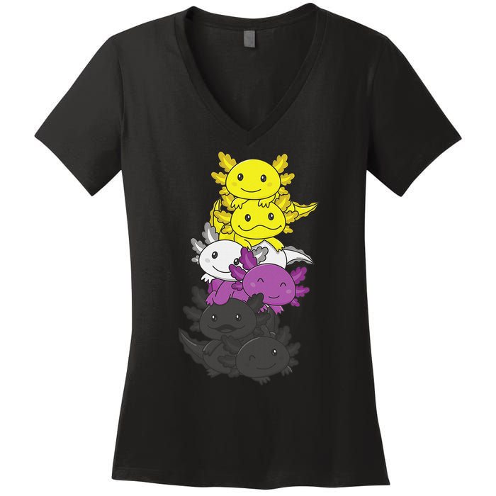 Nonbinary Flag Non Binary Pride LGBTQ Axolotl  Women's V-Neck T-Shirt