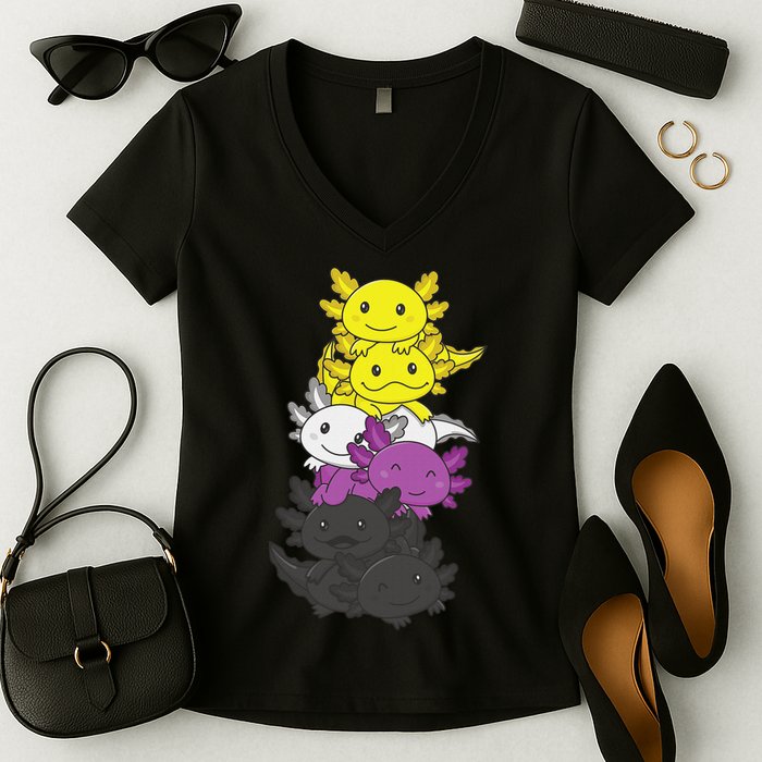 Nonbinary Flag Non Binary Pride LGBTQ Axolotl  Women's V-Neck T-Shirt