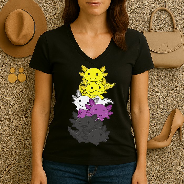 Nonbinary Flag Non Binary Pride LGBTQ Axolotl  Women's V-Neck T-Shirt
