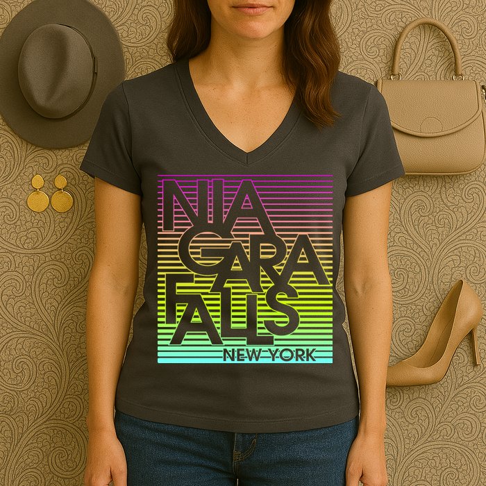 Niagara Falls New York Neon Women's V-Neck T-Shirt