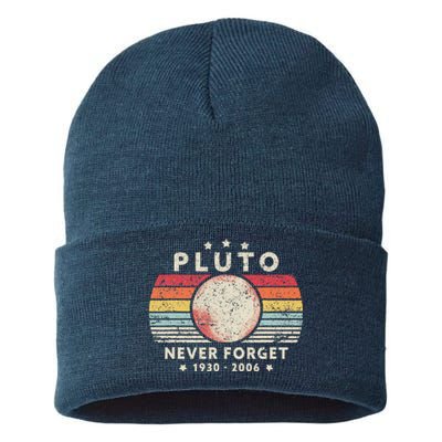 Never Forget Pluto. Retro Style Funny Space Science Sustainable Knit Beanie