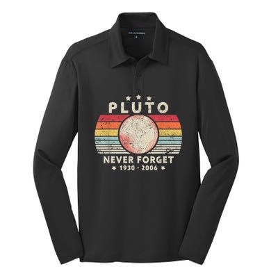 Never Forget Pluto Shirt. Retro Style Funny Space, Science Silk Touch Performance Long Sleeve Polo