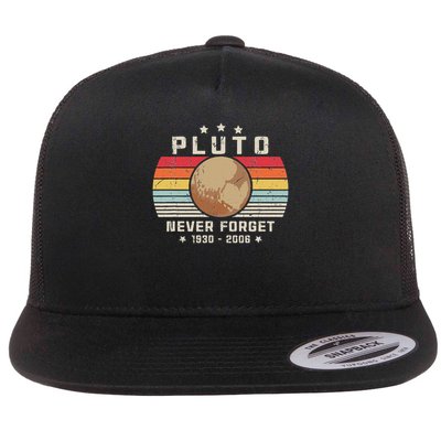 Never Forget Pluto . Retro Style Funny Space, Science Flat Bill Trucker Hat