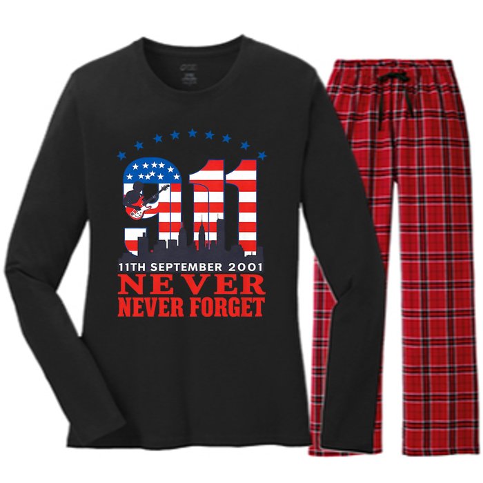 Never Forget September 11 2001 Memorial Day American Flag Women's Long Sleeve Flannel Pajama Set 