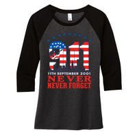 Never Forget September 11 2001 Memorial Day American Flag Women's Tri-Blend 3/4-Sleeve Raglan Shirt