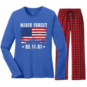 Never Forget September 11 2001 Memorial Day American Flag Women's Long Sleeve Flannel Pajama Set 