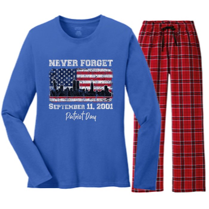 Never Forget September 11 2001 Memorial Day American Flag Women's Long Sleeve Flannel Pajama Set 