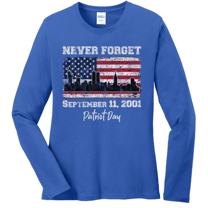 Never Forget September 11 2001 Memorial Day American Flag Ladies Long Sleeve Shirt