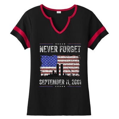 Never Forget September 11 2001 American Flag Ladies Halftime Notch Neck Tee