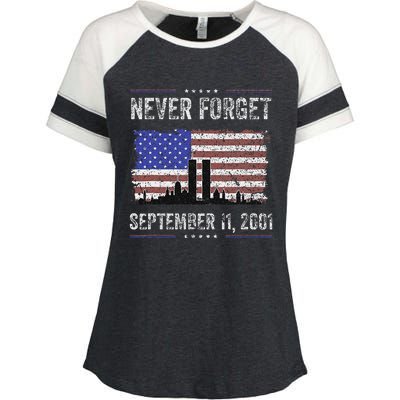 Never Forget September 11 2001 American Flag Enza Ladies Jersey Colorblock Tee