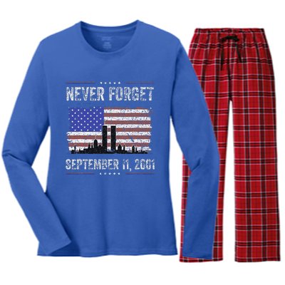 Never Forget September 11 2001 American Flag Women's Long Sleeve Flannel Pajama Set 