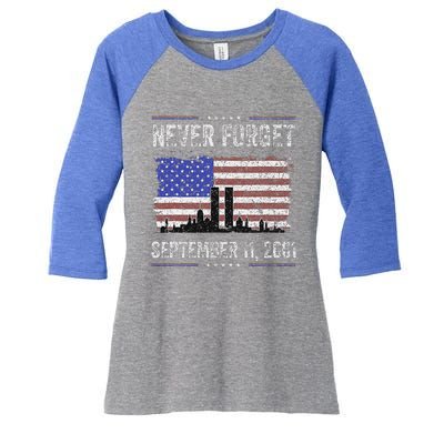 Never Forget September 11 2001 American Flag Women's Tri-Blend 3/4-Sleeve Raglan Shirt