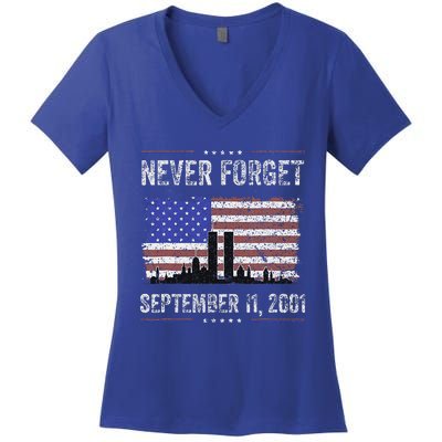 Never Forget September 11 2001 American Flag Women's V-Neck T-Shirt