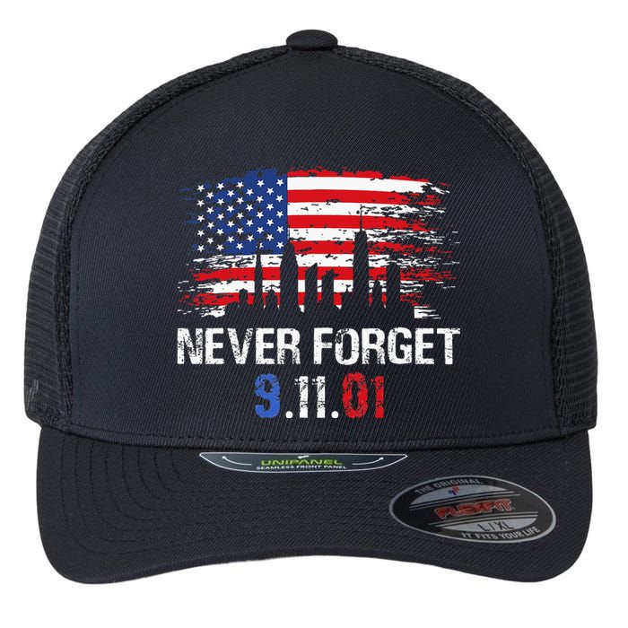 Never Forget September 11 2001 Memorial Day American Flag Flexfit Unipanel Trucker Cap