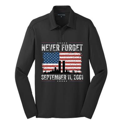 Never Forget September 11 2001 Memorial Day American Flag Gift Silk Touch Performance Long Sleeve Polo