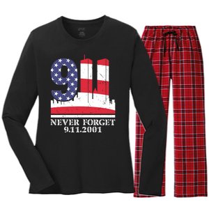 Never Forget September 11 2001 Memorial Day American Flag Women's Long Sleeve Flannel Pajama Set 