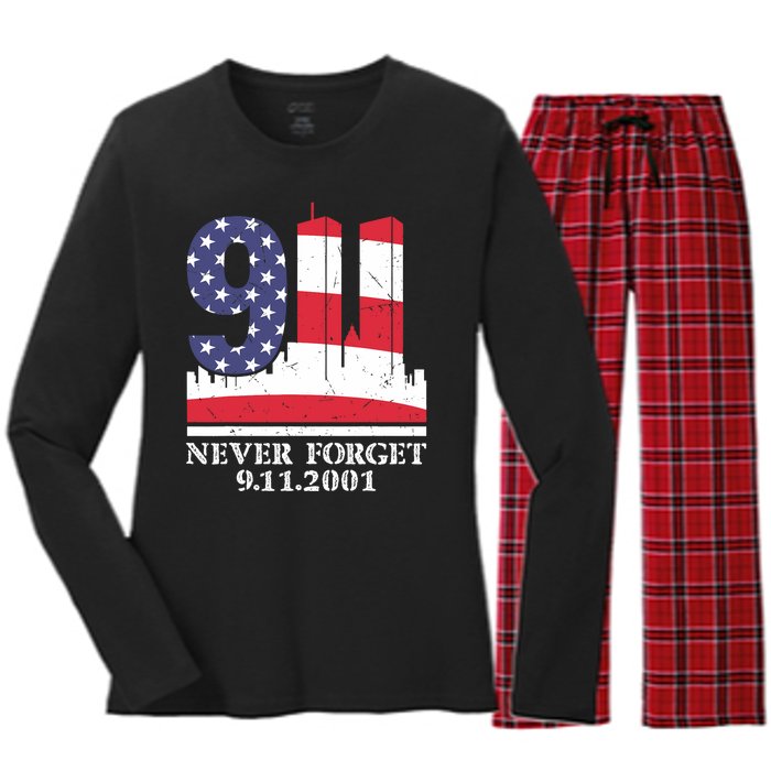 Never Forget September 11 2001 Memorial Day American Flag Women's Long Sleeve Flannel Pajama Set 