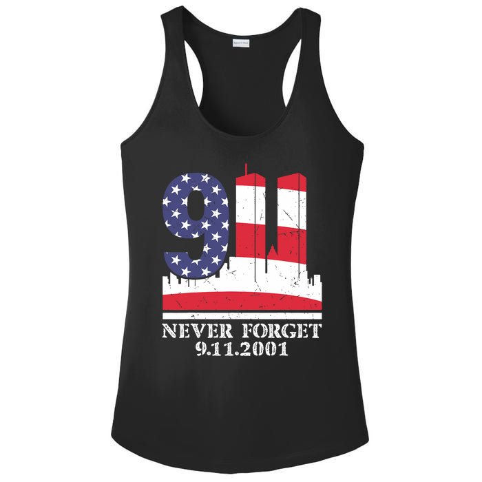 Never Forget September 11 2001 Memorial Day American Flag Ladies PosiCharge Competitor Racerback Tank