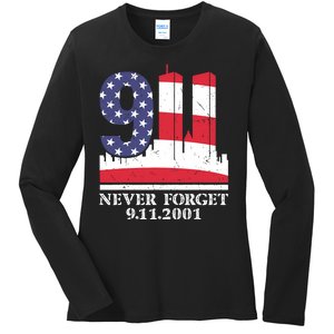 Never Forget September 11 2001 Memorial Day American Flag Ladies Long Sleeve Shirt