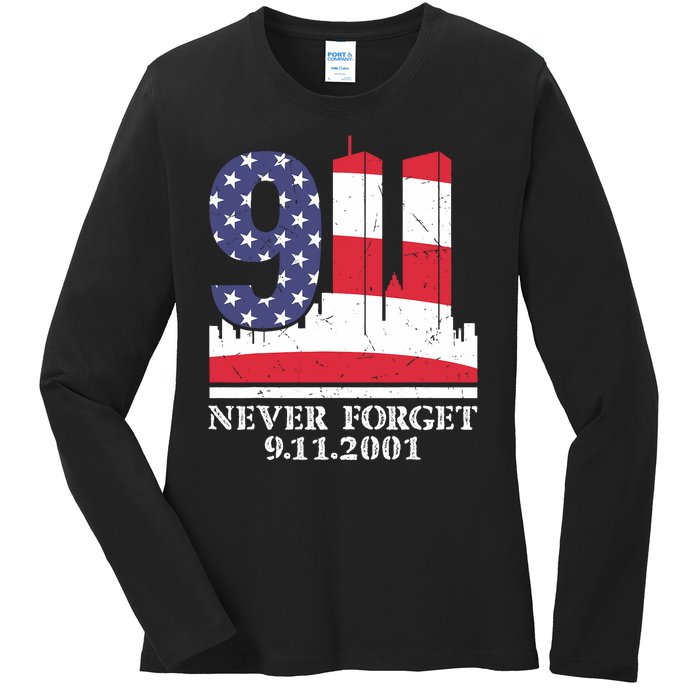 Never Forget September 11 2001 Memorial Day American Flag Ladies Long Sleeve Shirt