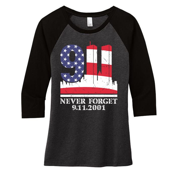 Never Forget September 11 2001 Memorial Day American Flag Women's Tri-Blend 3/4-Sleeve Raglan Shirt