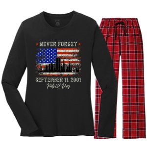 Never Forget September 11 2001 Memorial Day American Flag Women's Long Sleeve Flannel Pajama Set 