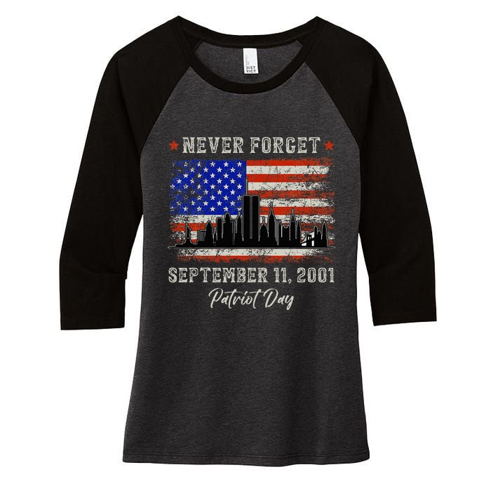 Never Forget September 11 2001 Memorial Day American Flag Women's Tri-Blend 3/4-Sleeve Raglan Shirt