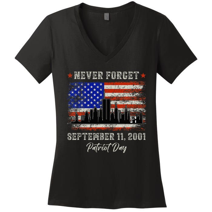 Never Forget September 11 2001 Memorial Day American Flag Women's V-Neck T-Shirt