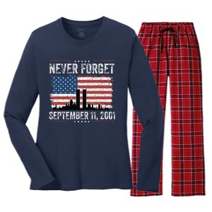 Never Forget September 11 2001 Memorial Day American Flag Gift Women's Long Sleeve Flannel Pajama Set 