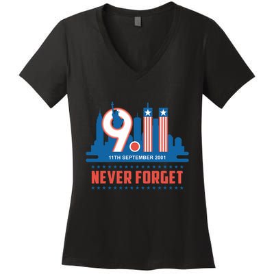 Never Forget September 11 2001 Memorial Day American Flag Women's V-Neck T-Shirt