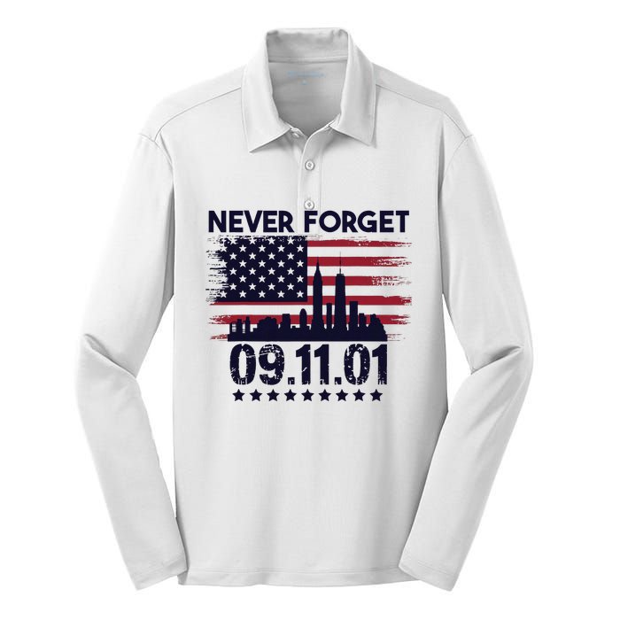 Never Forget September 11 2001 Memorial Day American Flag Silk Touch Performance Long Sleeve Polo