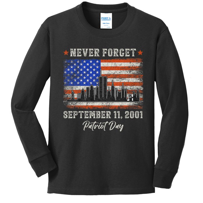 Never Forget September 11 2001 Memorial Day American Flag Kids Long Sleeve Shirt