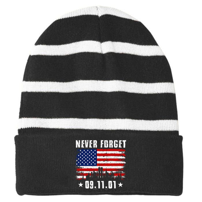 Never Forget September 11 2001 Memorial Day American Flag Striped Beanie with Solid Band