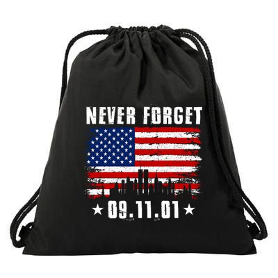 Never Forget September 11 2001 Memorial Day American Flag Drawstring Bag