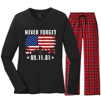 Never Forget September 11 2001 Memorial Day American Flag Women's Long Sleeve Flannel Pajama Set 