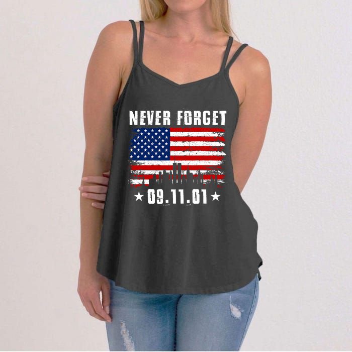 Never Forget September 11 2001 Memorial Day American Flag Women's Strappy Tank