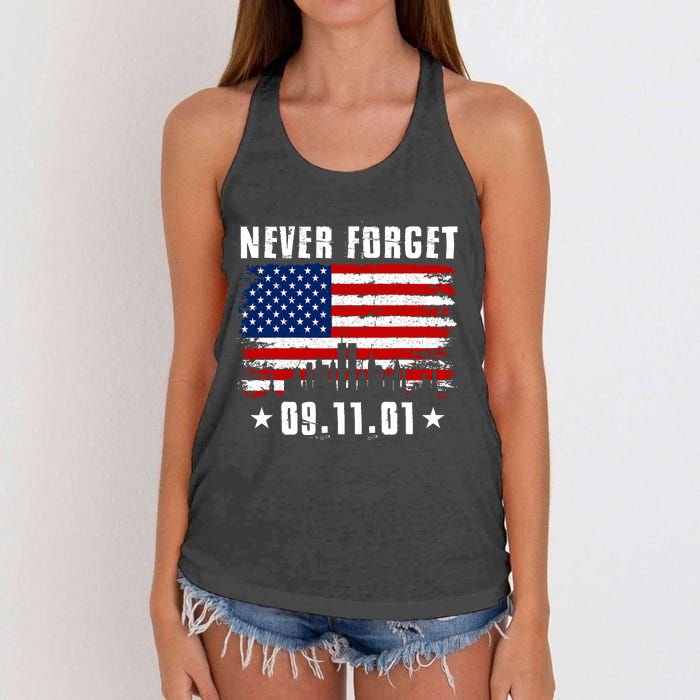 Never Forget September 11 2001 Memorial Day American Flag Women's Knotted Racerback Tank