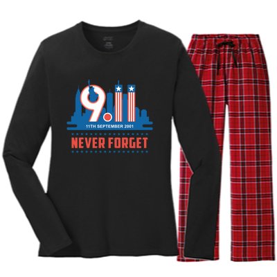 Never Forget September 11 2001 Memorial Day American Flag Women's Long Sleeve Flannel Pajama Set 